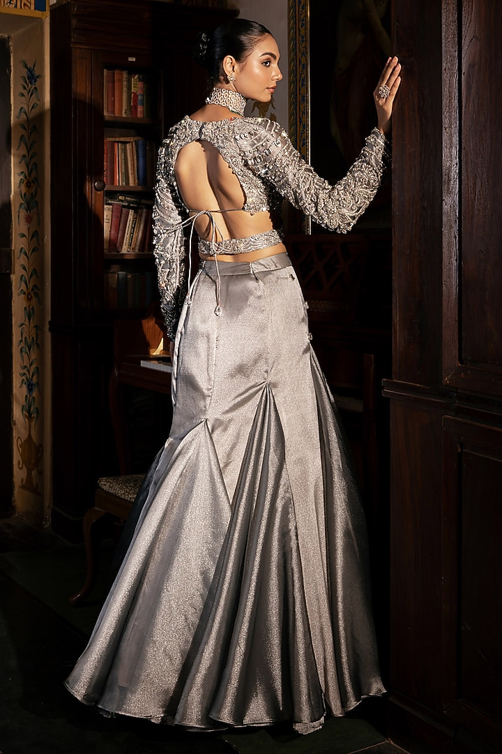 Grey Imported Shimmer Embroidered Wedding Lehenga Set by Payal & Zinal at Pernia's Pop Up Shop