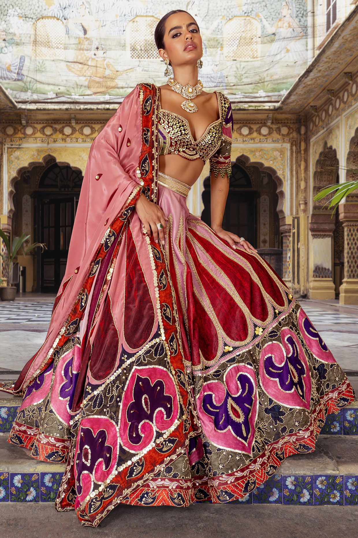 Payal & Zinal Multi-Colored Habutai Silk Motif Printed Lehenga Set