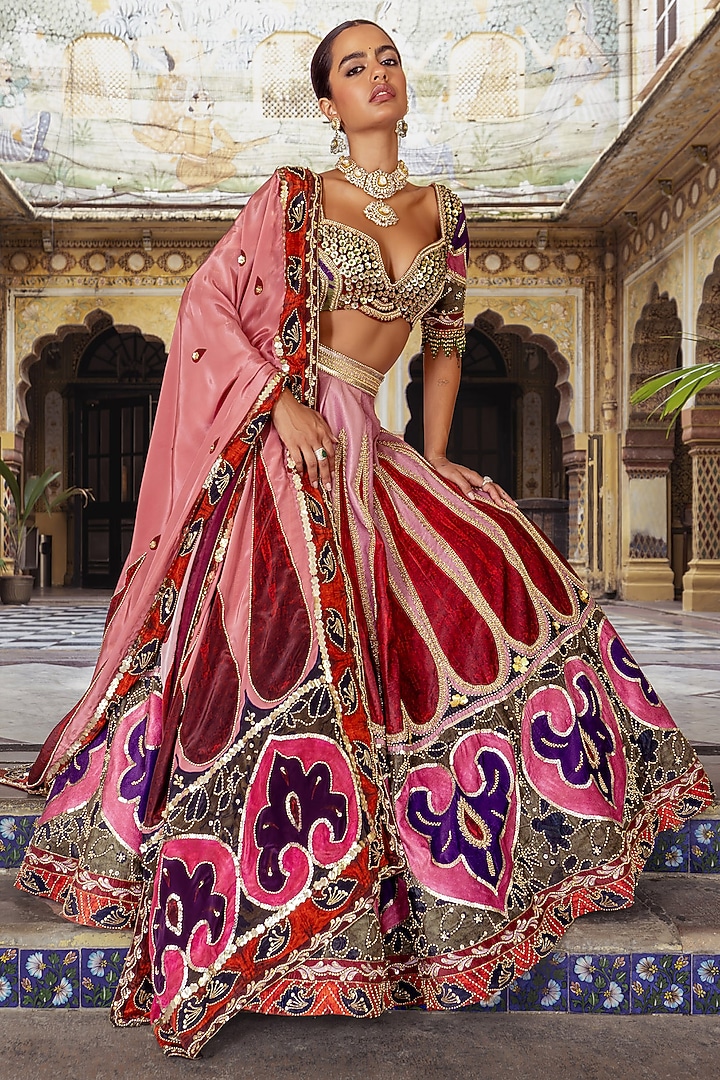 Multi-Colored Habutai Silk Motif Printed Bridal Lehenga Set by Payal & Zinal at Pernia's Pop Up Shop