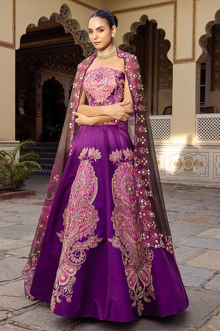 Pink & Purple Twill Paisley Embroidered Wedding Lehenga Set by Payal & Zinal at Pernia's Pop Up Shop