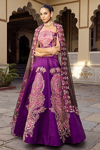 Pink & Purple Twill Paisley Embroidered Lehenga Set by Payal & Zinal