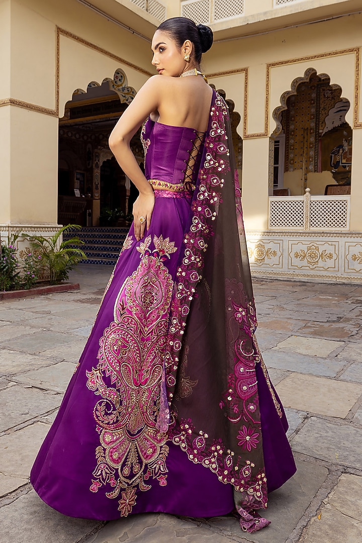 Pink & Purple Twill Paisley Embroidered Wedding Lehenga Set by Payal & Zinal at Pernia's Pop Up Shop