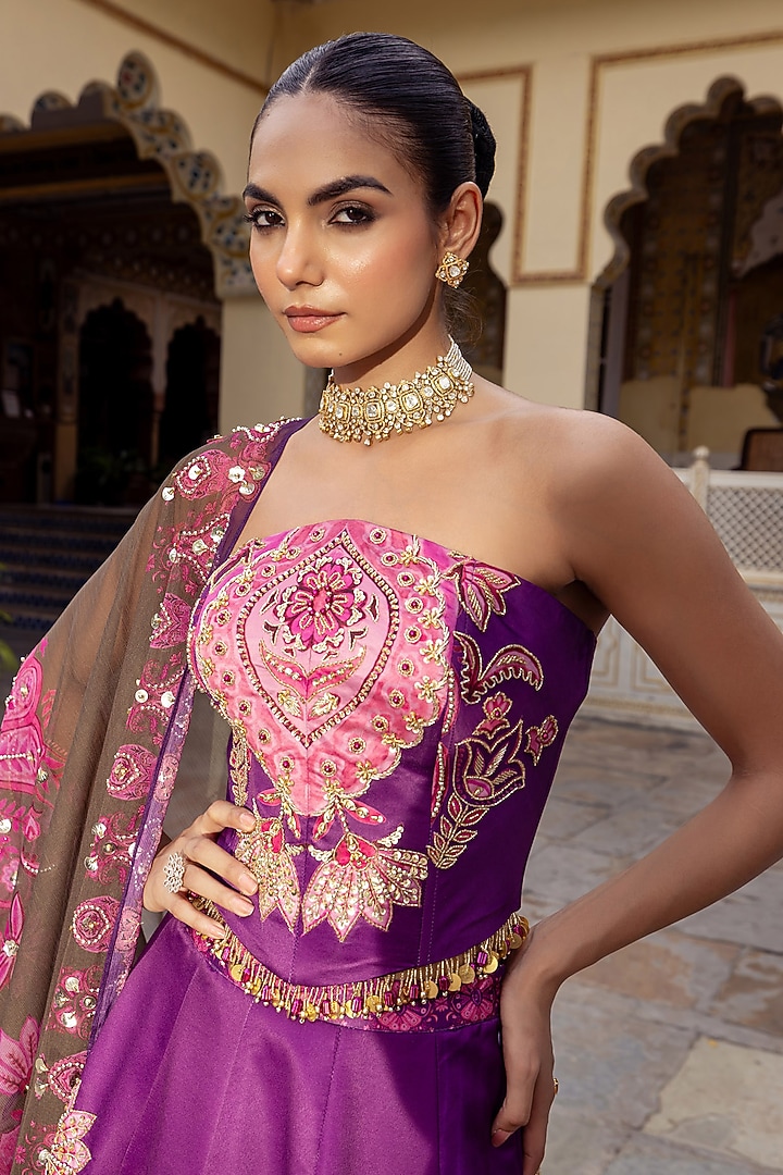 Pink & Purple Twill Paisley Embroidered Wedding Lehenga Set by Payal & Zinal at Pernia's Pop Up Shop
