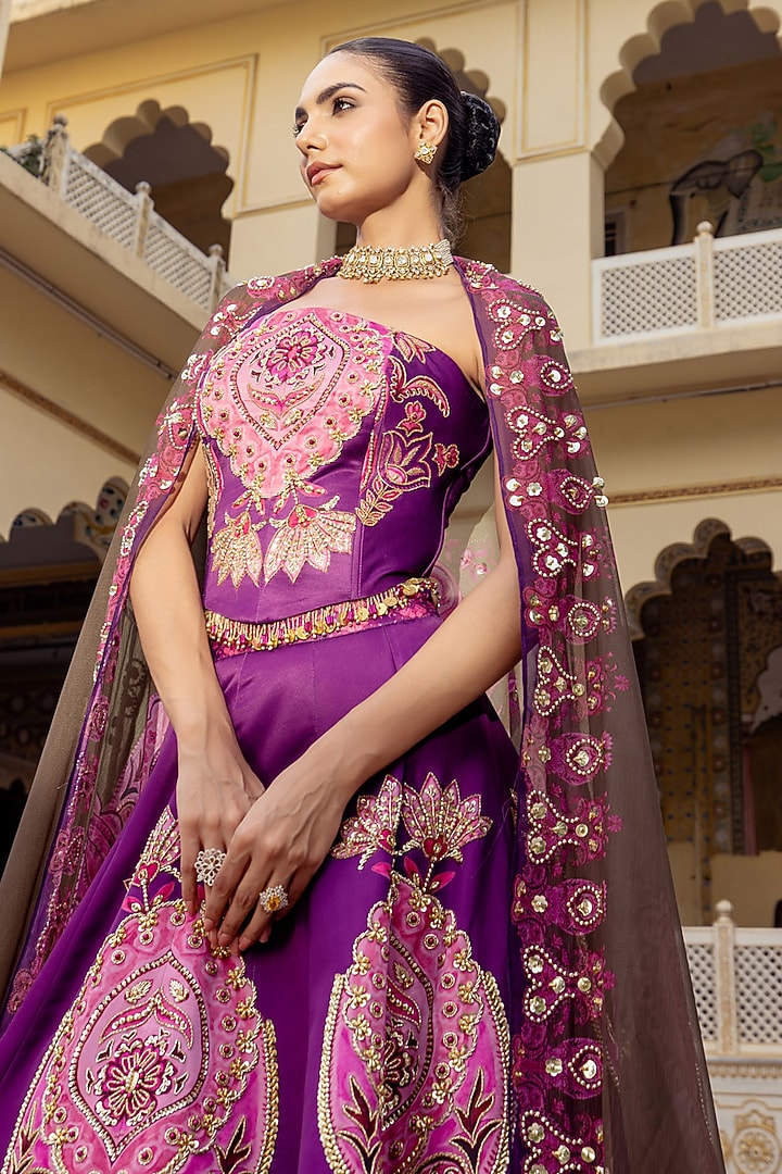 Pink & Purple Twill Paisley Embroidered Wedding Lehenga Set by Payal & Zinal at Pernia's Pop Up Shop