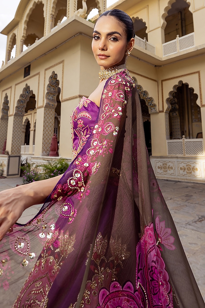 Pink & Purple Twill Paisley Embroidered Wedding Lehenga Set by Payal & Zinal at Pernia's Pop Up Shop