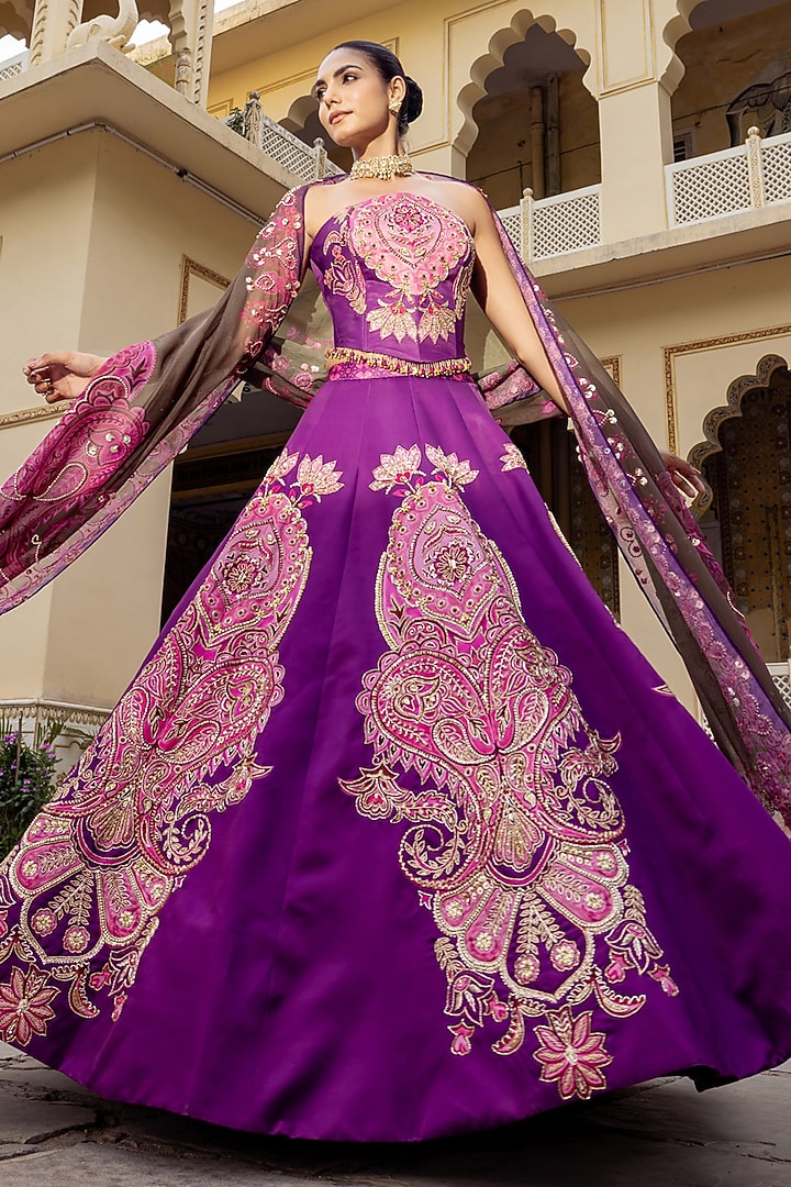Pink & Purple Twill Paisley Embroidered Wedding Lehenga Set by Payal & Zinal at Pernia's Pop Up Shop