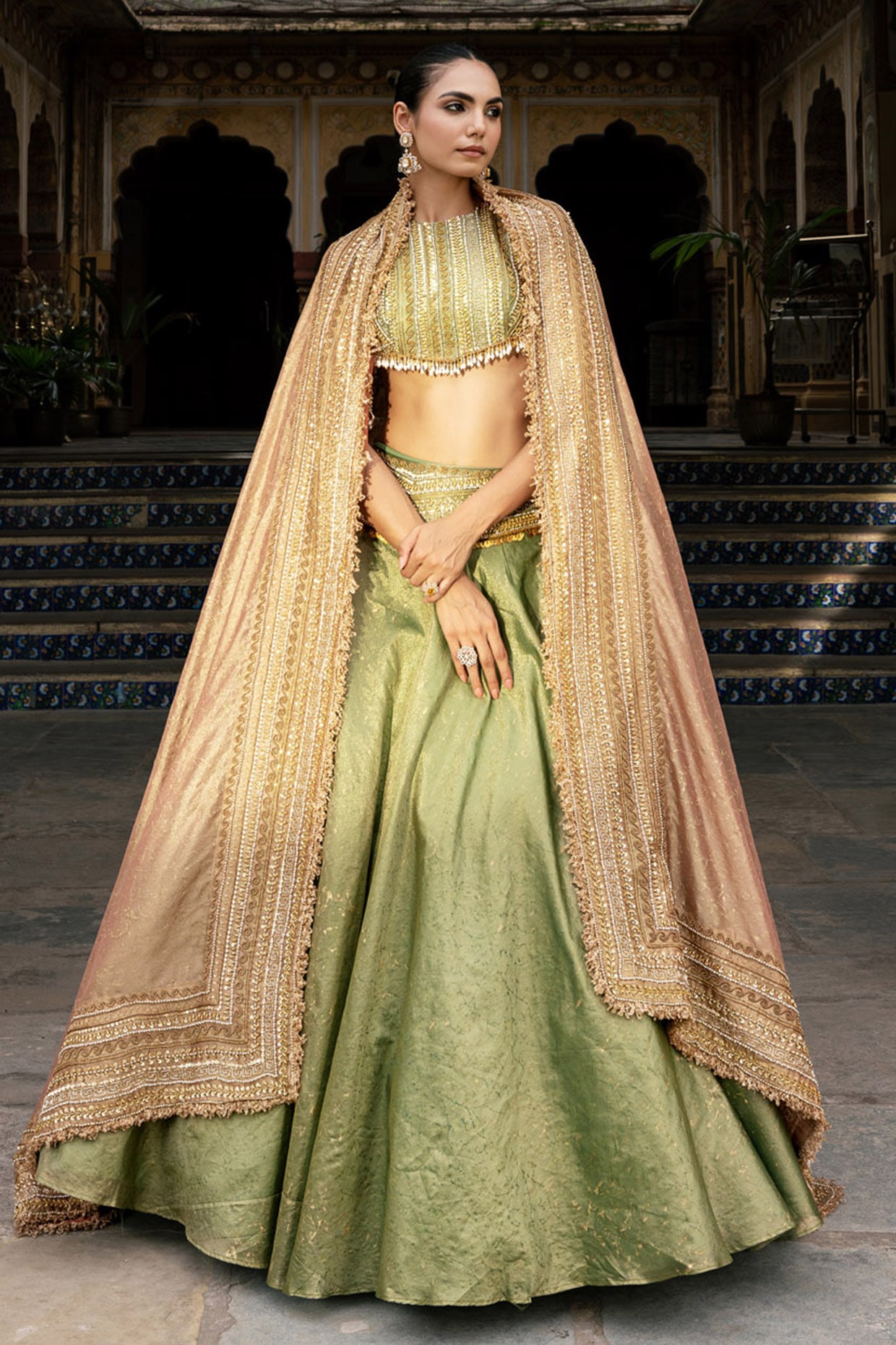 Payal & Zinal Olive Green Zari Block Printed Lehenga Set