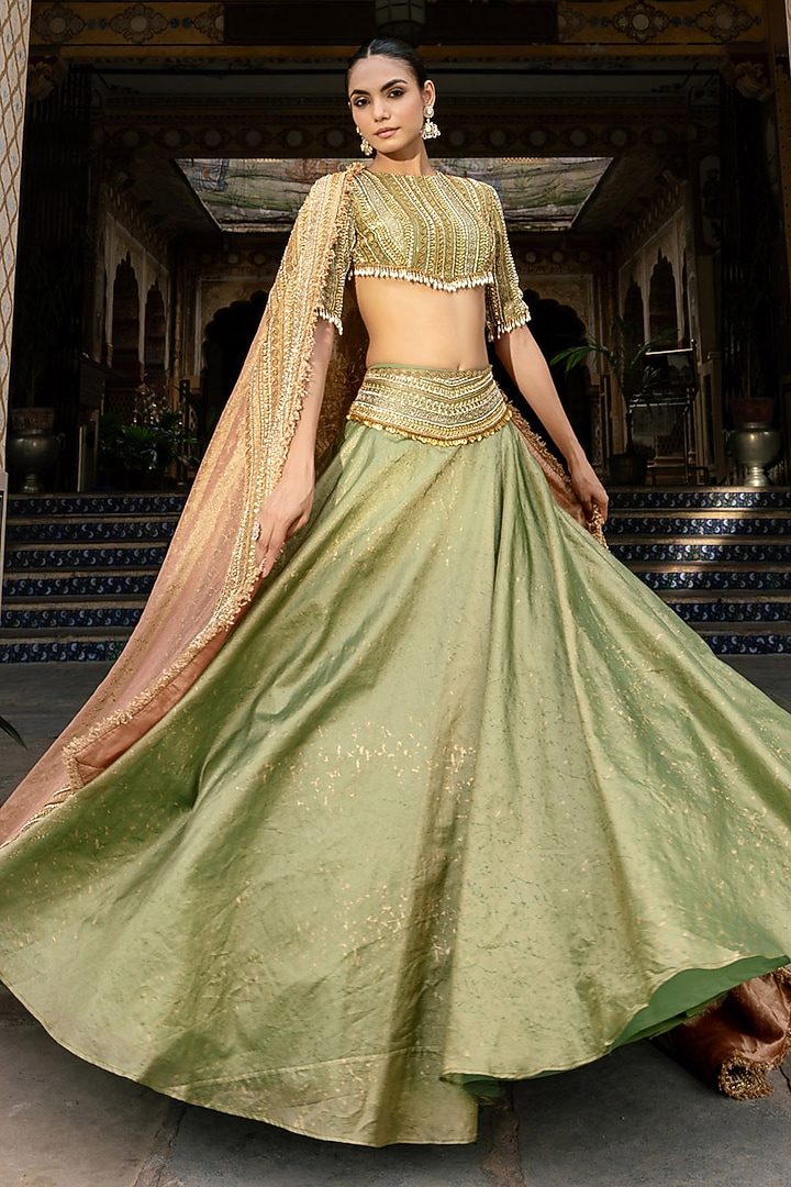 Olive Green Zari Block Printed Wedding Lehenga Set by Payal & Zinal at Pernia's Pop Up Shop