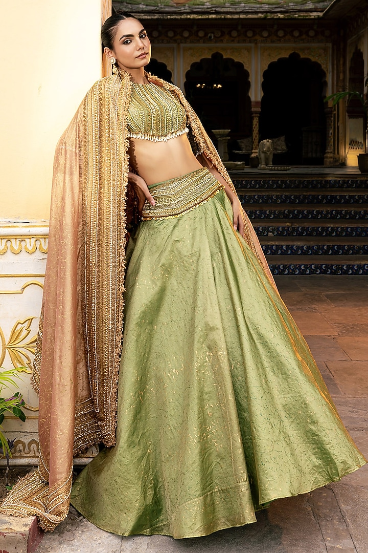 Olive Green Zari Block Printed Wedding Lehenga Set by Payal & Zinal at Pernia's Pop Up Shop