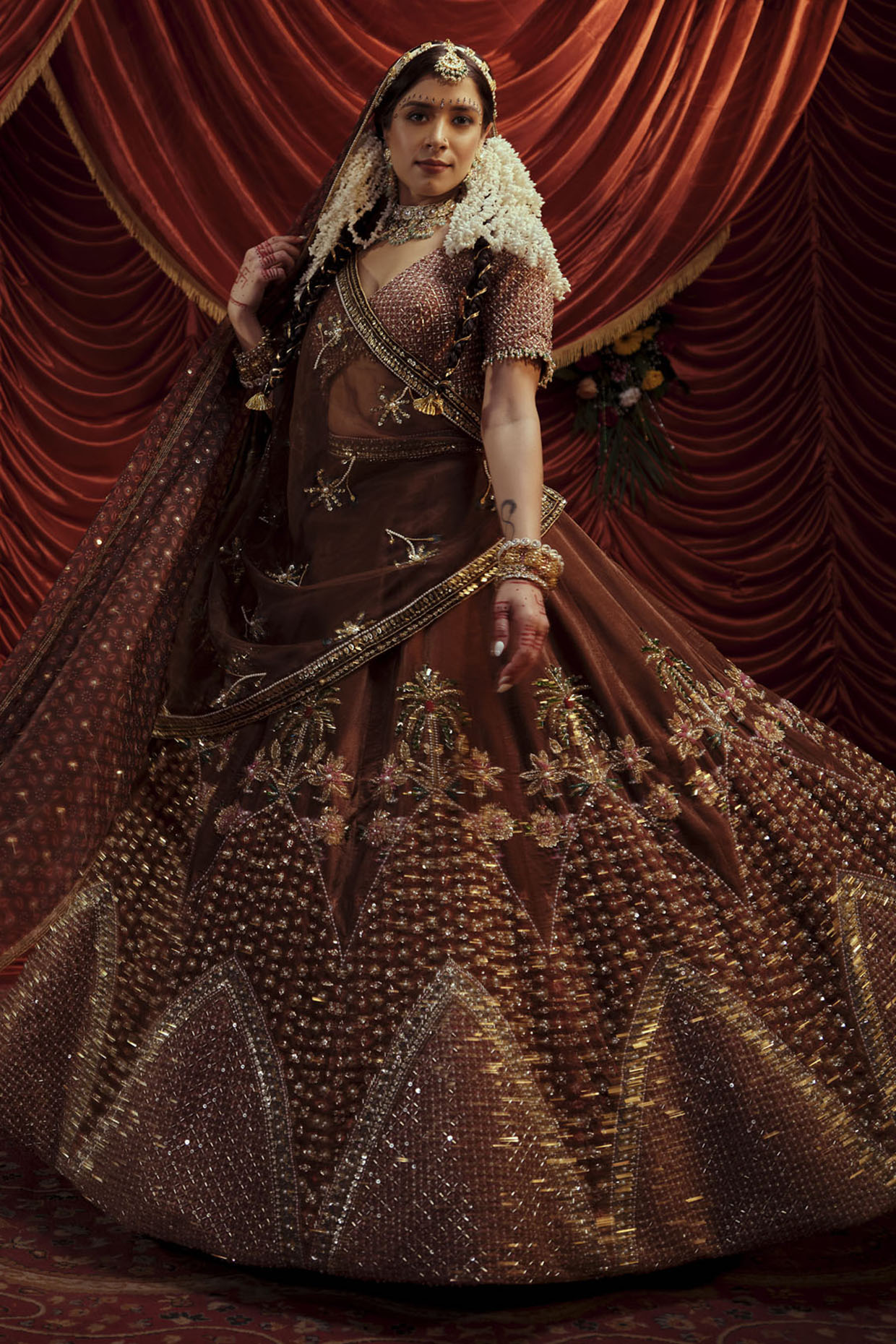 Payal & Zinal Caramel Brown Velvet Embellished Lehenga Set
