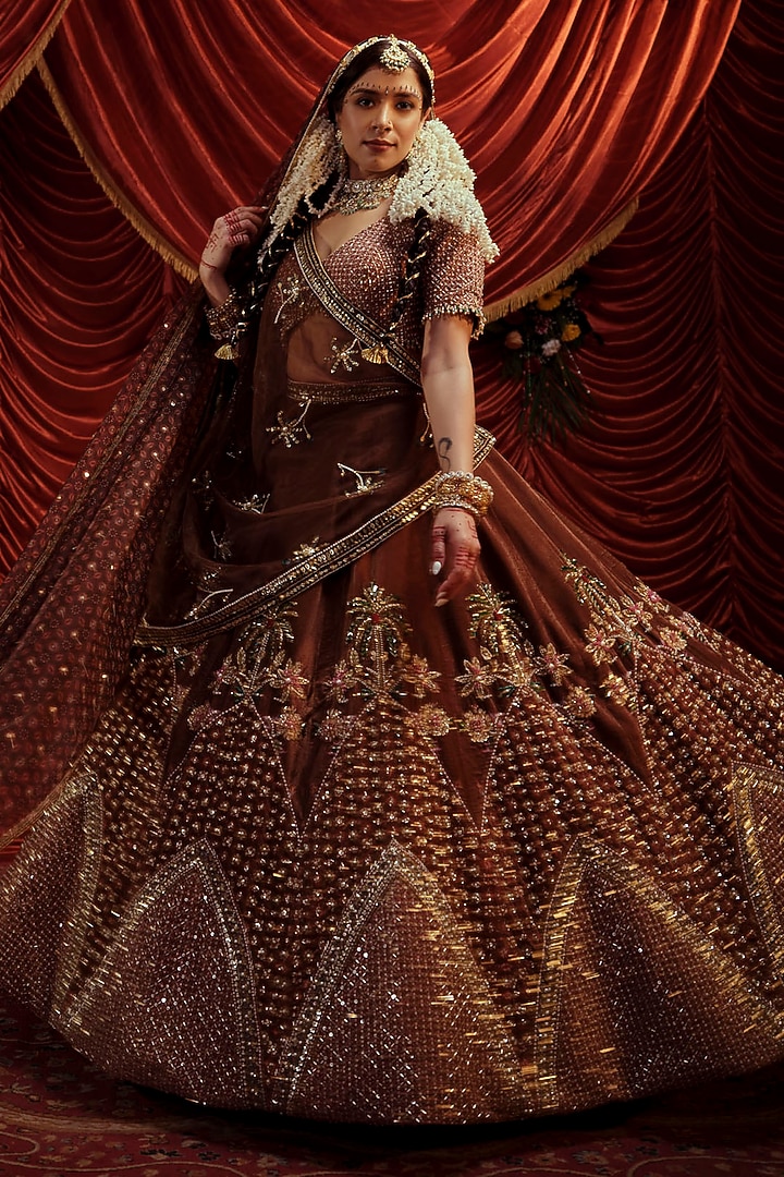 Caramel Brown Velvet Embellished Bridal Lehenga Set by Payal & Zinal at Pernia's Pop Up Shop