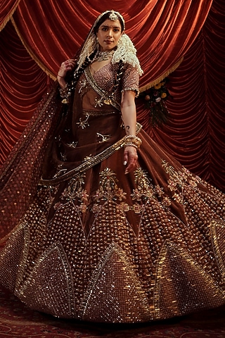Caramel Brown Velvet Embellished Lehenga Set by Payal & Zinal