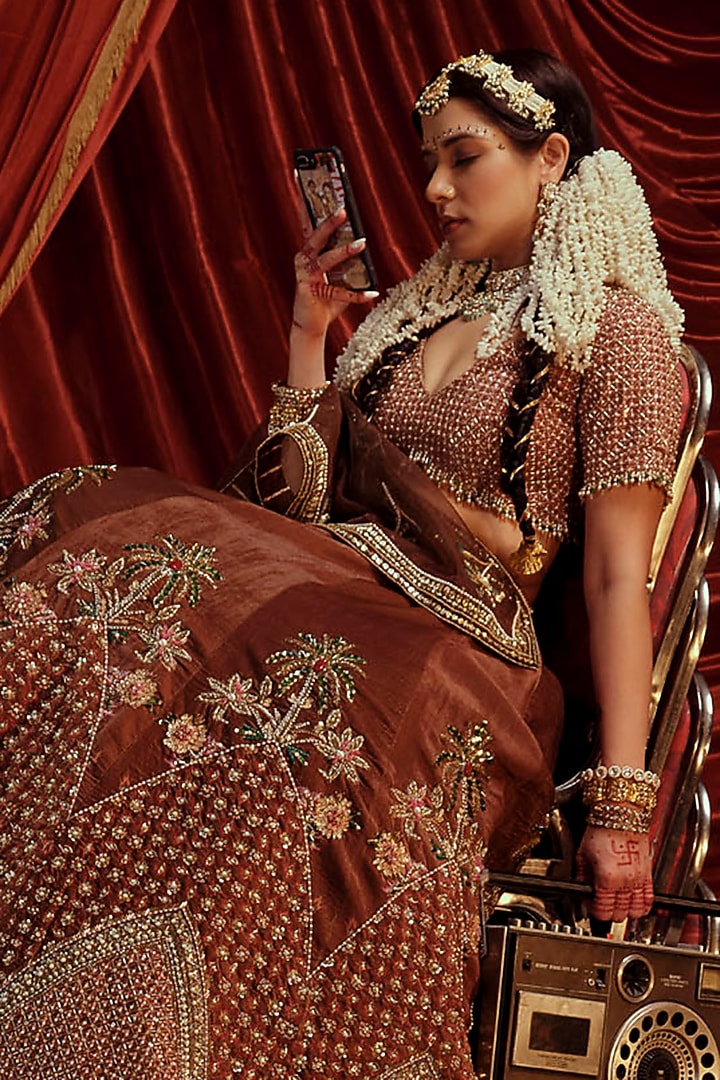 Caramel Brown Velvet Embellished Bridal Lehenga Set by Payal & Zinal at Pernia's Pop Up Shop
