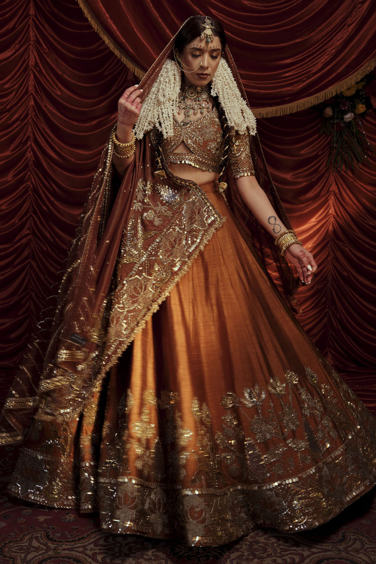 Payal & Zinal Brown Raw Silk Sequins Embroidered Lehenga Set
