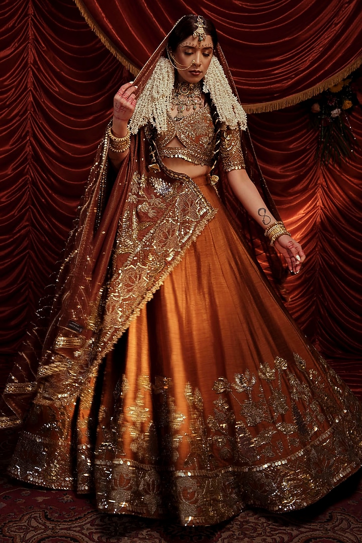 Brown Raw Silk Sequins Embroidered Bridal Lehenga Set by Payal & Zinal at Pernia's Pop Up Shop