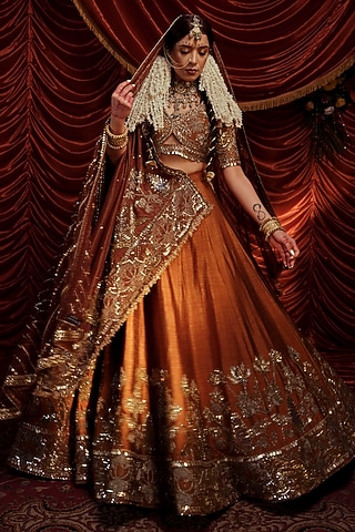 Brown Raw Silk Sequins Embroidered Lehenga Set by Payal & Zinal