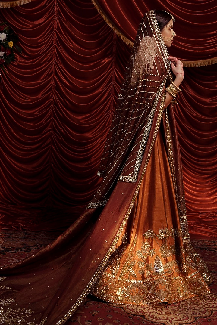 Brown Raw Silk Sequins Embroidered Bridal Lehenga Set by Payal & Zinal at Pernia's Pop Up Shop