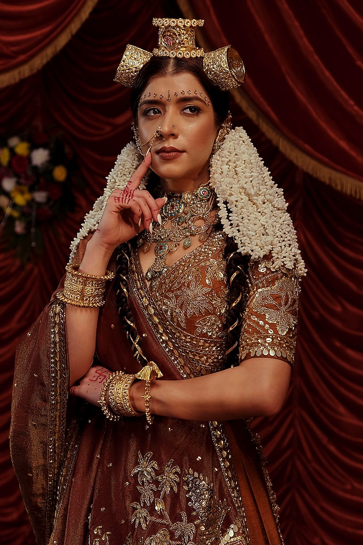 Brown Raw Silk Sequins Embroidered Bridal Lehenga Set by Payal & Zinal at Pernia's Pop Up Shop