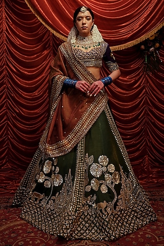 Seaweed Green Gajji Sequins Embroidered Lehenga Set by Payal & Zinal