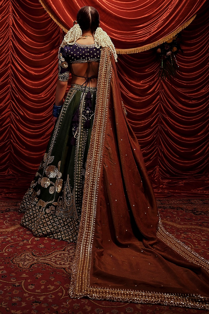 Seaweed Green Gajji Sequins Embroidered Bridal Lehenga Set by Payal & Zinal at Pernia's Pop Up Shop
