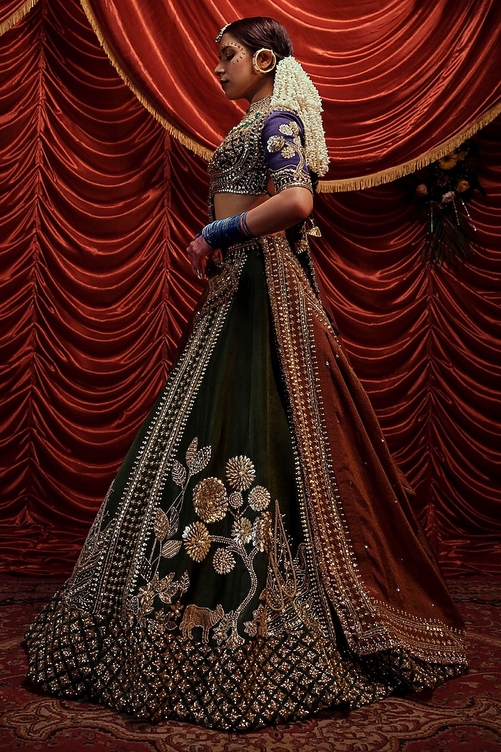 Seaweed Green Gajji Sequins Embroidered Bridal Lehenga Set by Payal & Zinal at Pernia's Pop Up Shop