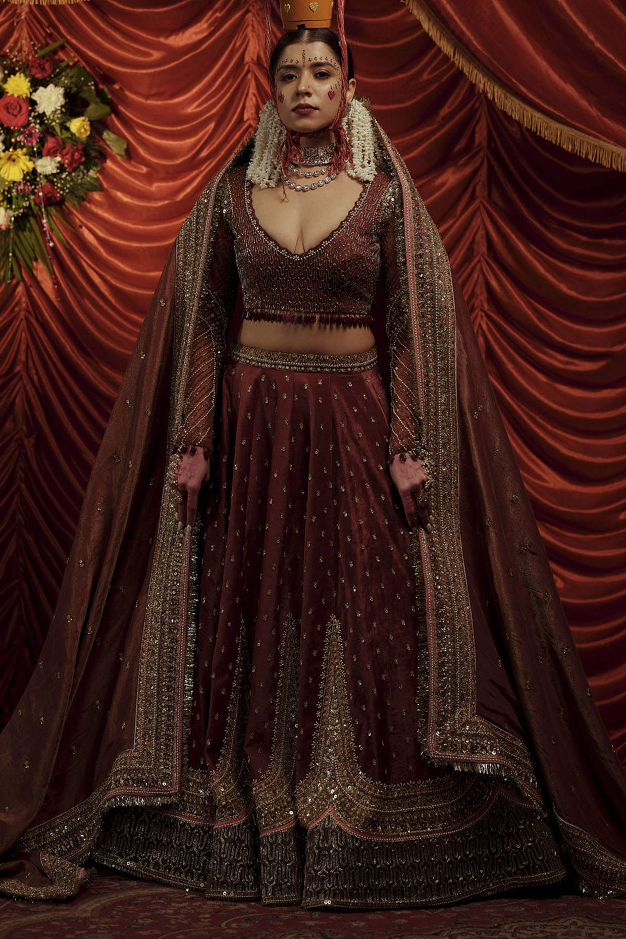 Payal & Zinal Brown Velvet Sequins Hand Embroidered Lehenga Set
