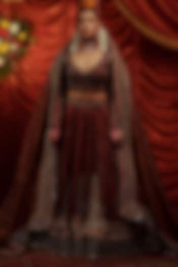 Brown Velvet Sequins Hand Embroidered Bridal Lehenga Set by Payal & Zinal at Pernia's Pop Up Shop