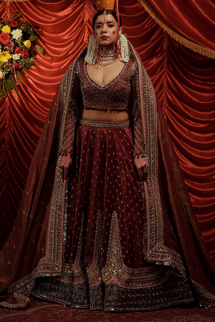 Brown Velvet Sequins Hand Embroidered Bridal Lehenga Set by Payal & Zinal at Pernia's Pop Up Shop