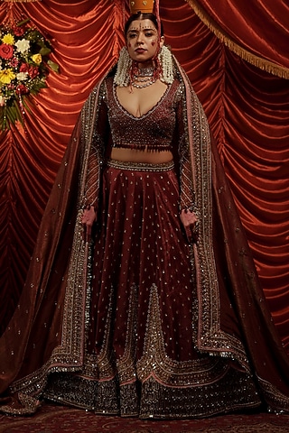 Brown Velvet Sequins Hand Embroidered Lehenga Set by Payal & Zinal