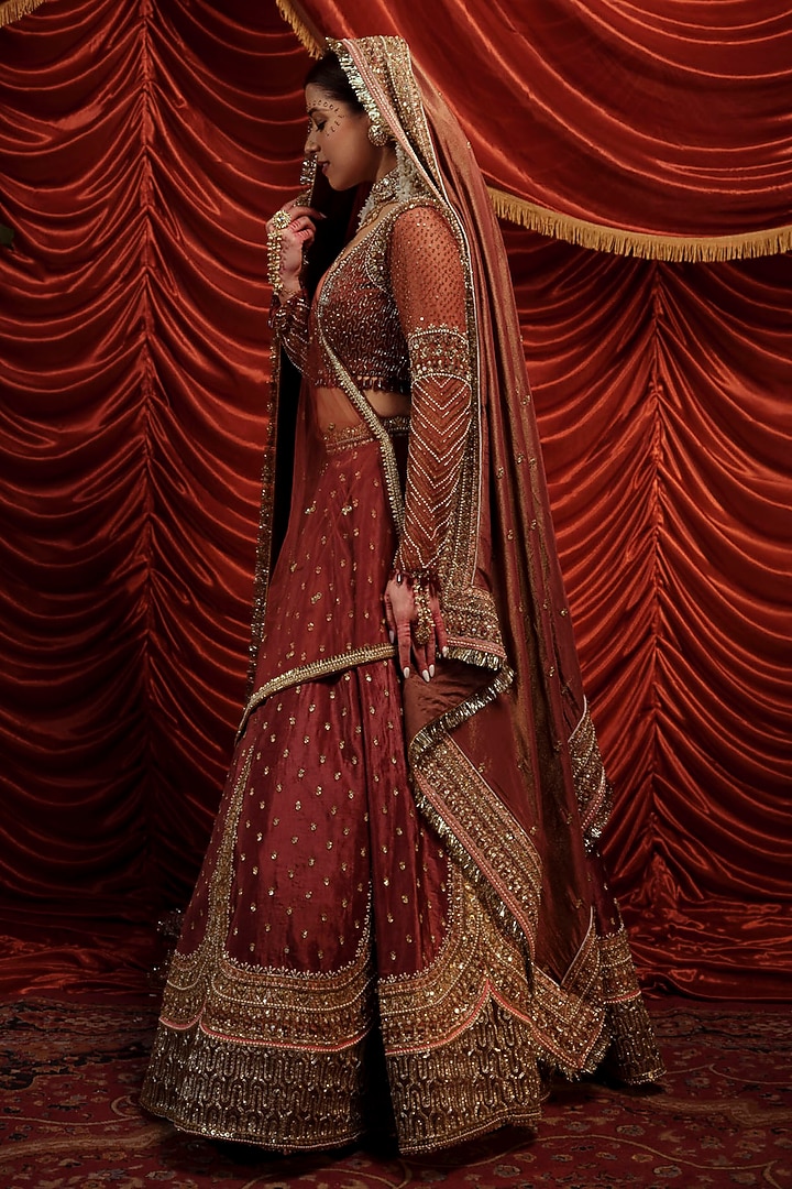 Brown Velvet Sequins Hand Embroidered Bridal Lehenga Set by Payal & Zinal at Pernia's Pop Up Shop