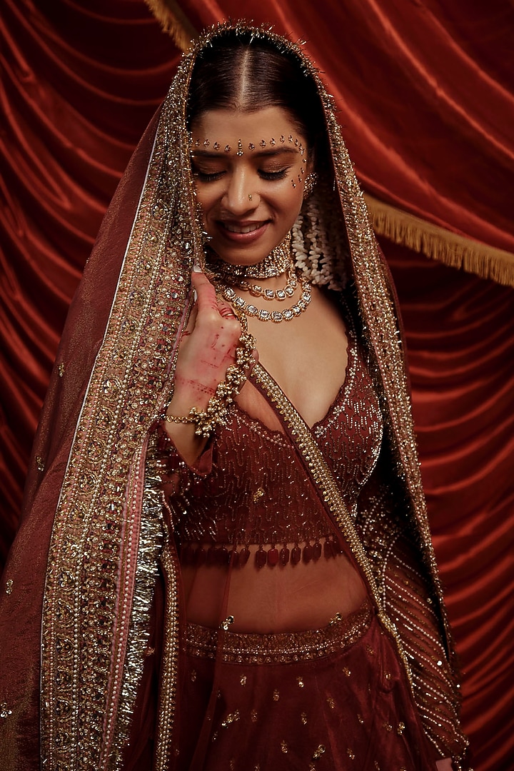 Brown Velvet Sequins Hand Embroidered Bridal Lehenga Set by Payal & Zinal at Pernia's Pop Up Shop