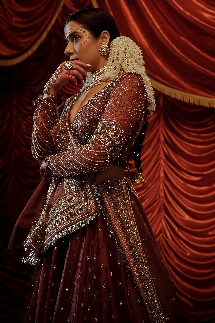 Brown Velvet Sequins Hand Embroidered Bridal Lehenga Set by Payal & Zinal at Pernia's Pop Up Shop