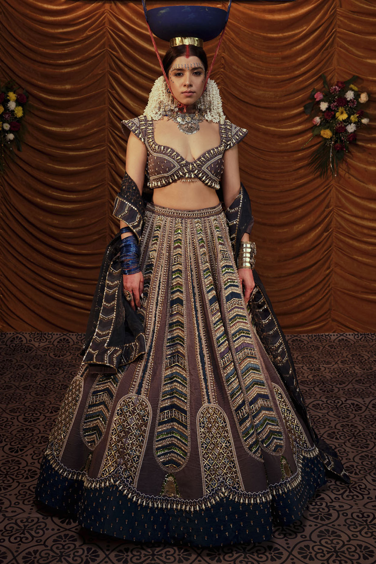 Payal & Zinal Caramel Brown Velvet Hand Embroidered Lehenga Set