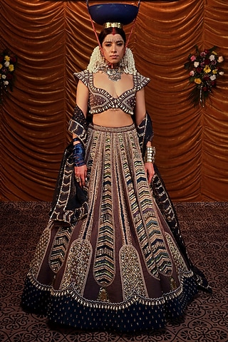 Caramel Brown Velvet Hand Embroidered Lehenga Set by Payal & Zinal
