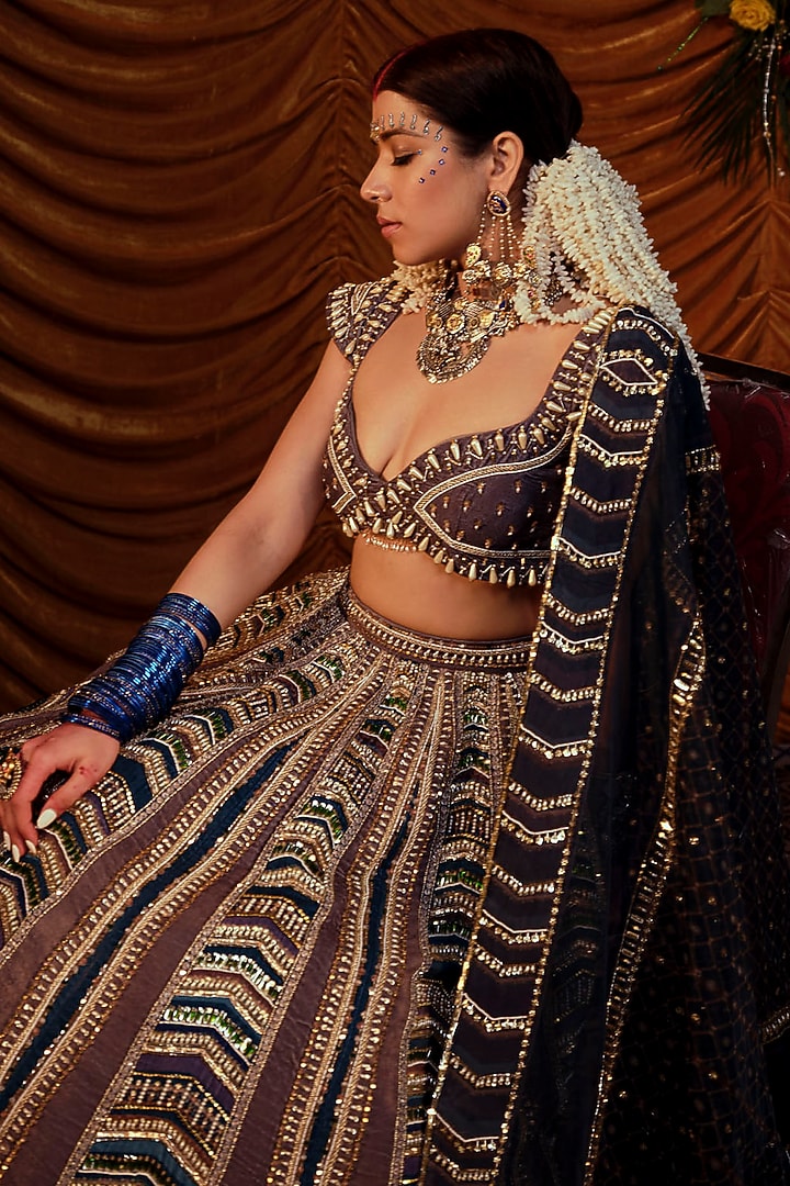 Caramel Brown Velvet Hand Embroidered Bridal Lehenga Set by Payal & Zinal at Pernia's Pop Up Shop