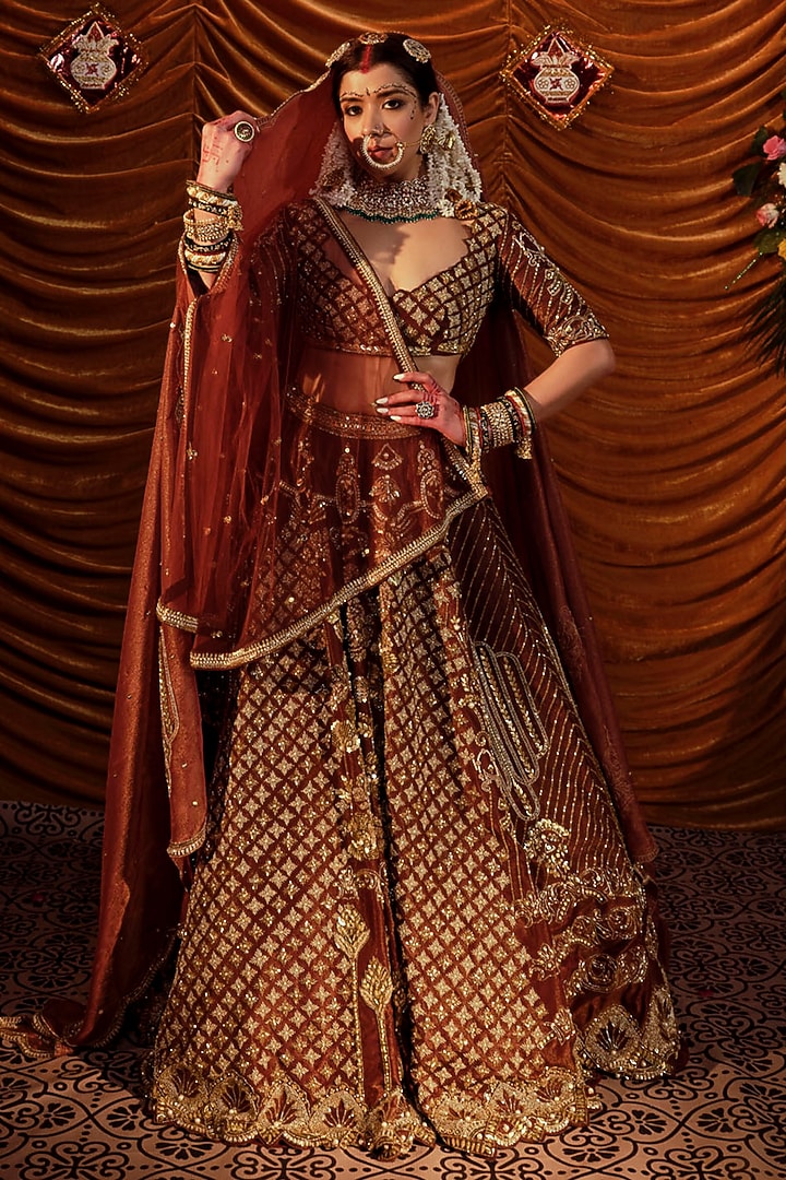 Brown Gajji Hand Embroidered Bridal Lehenga Set by Payal & Zinal at Pernia's Pop Up Shop