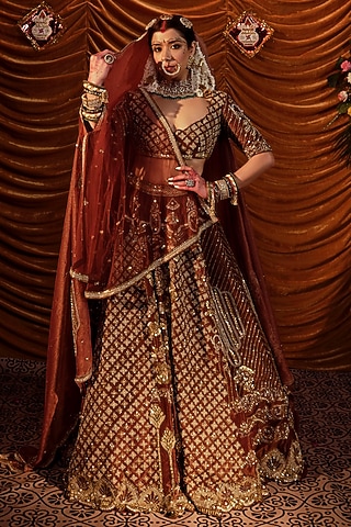 Brown Gajji Hand Embroidered Lehenga Set by Payal & Zinal