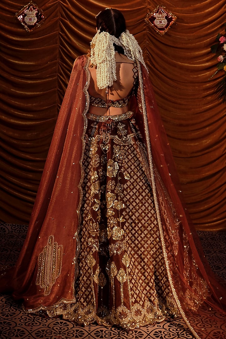 Brown Gajji Hand Embroidered Bridal Lehenga Set by Payal & Zinal at Pernia's Pop Up Shop