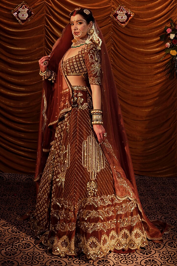 Brown Gajji Hand Embroidered Bridal Lehenga Set by Payal & Zinal at Pernia's Pop Up Shop