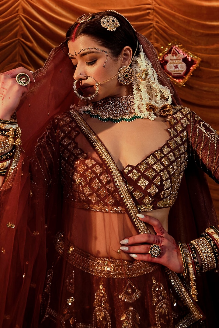Brown Gajji Hand Embroidered Bridal Lehenga Set by Payal & Zinal at Pernia's Pop Up Shop
