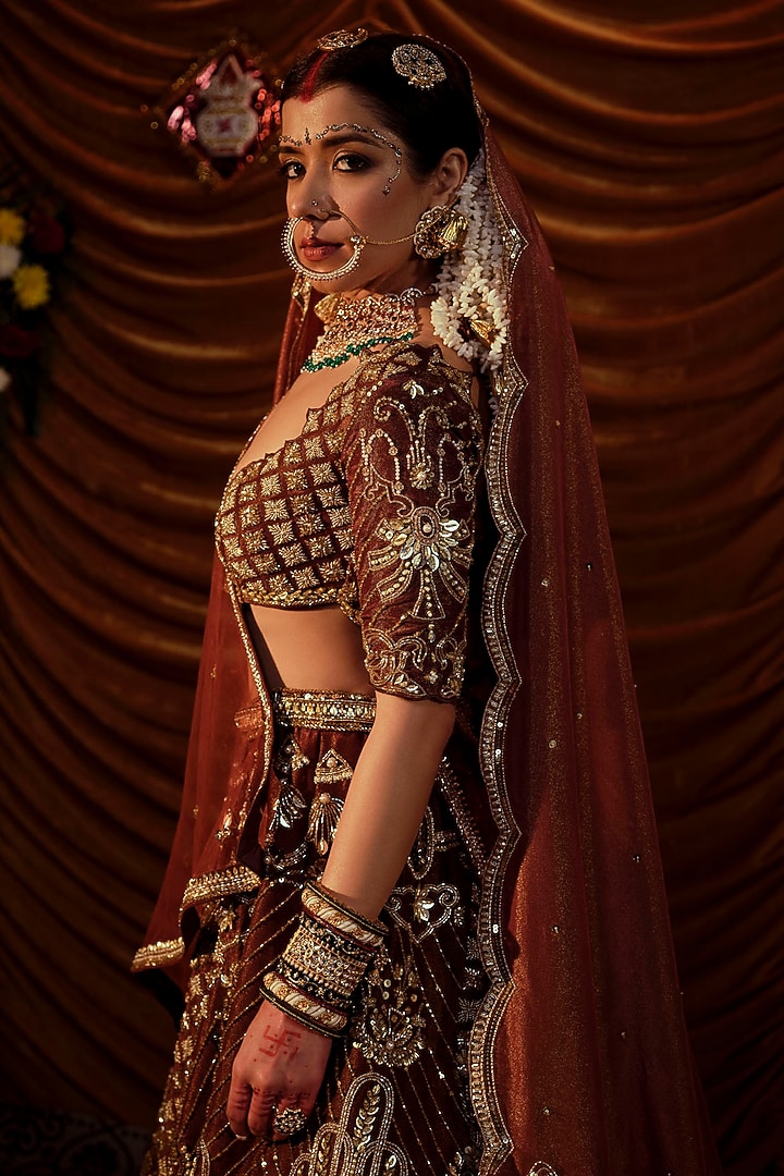 Brown Gajji Hand Embroidered Bridal Lehenga Set by Payal & Zinal at Pernia's Pop Up Shop