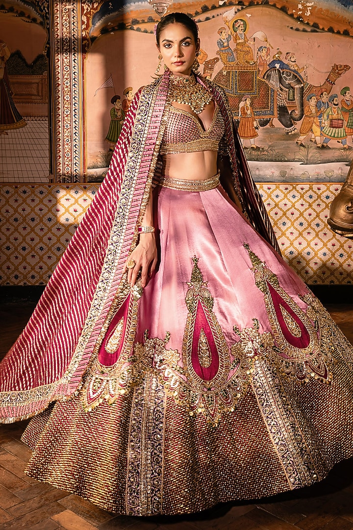 Pink Gajji Silk Beads Embroidered Bridal Lehenga Set by Payal & Zinal at Pernia's Pop Up Shop