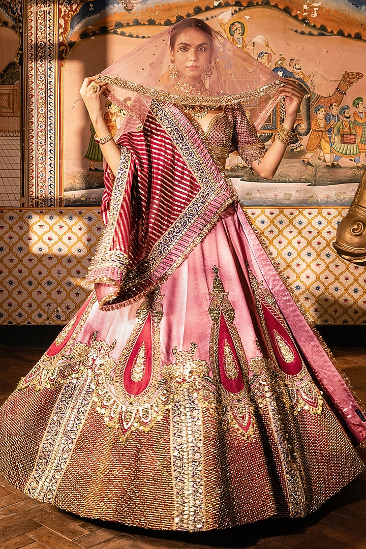 Pink Gajji Silk Beads Embroidered Bridal Lehenga Set by Payal & Zinal at Pernia's Pop Up Shop
