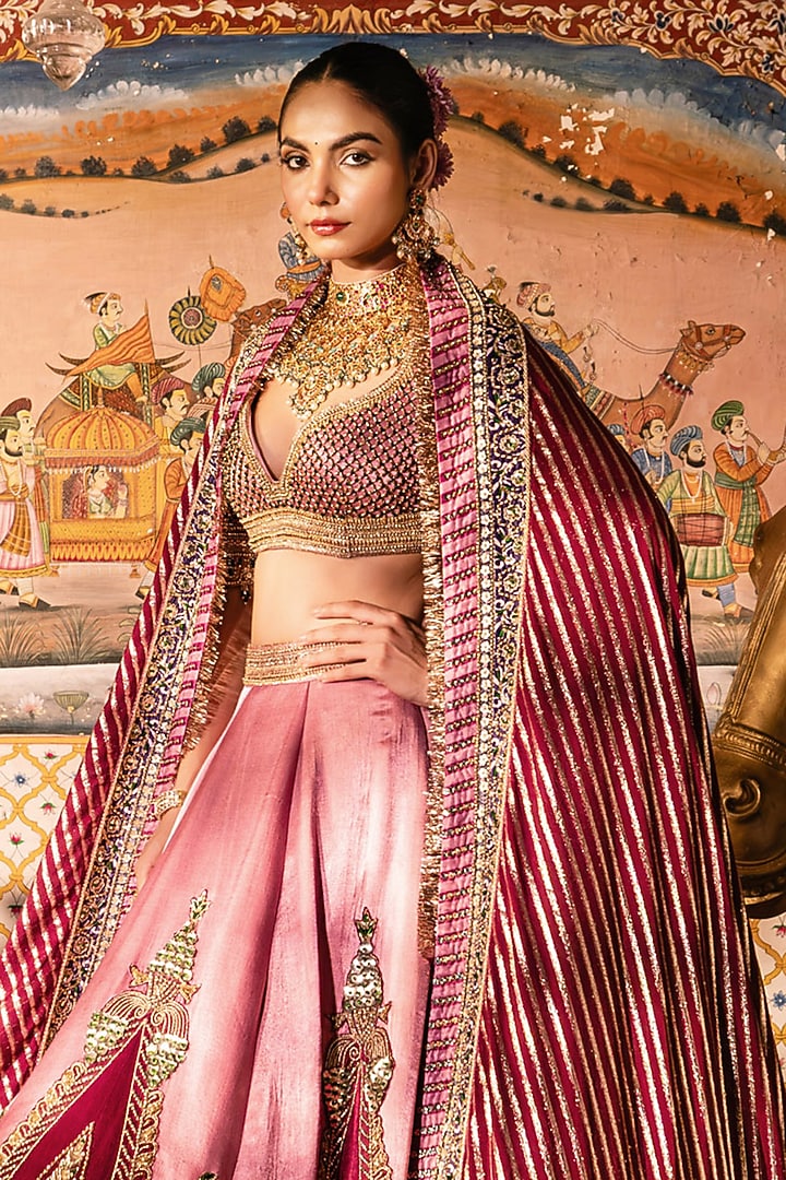 Pink Gajji Silk Beads Embroidered Bridal Lehenga Set by Payal & Zinal at Pernia's Pop Up Shop