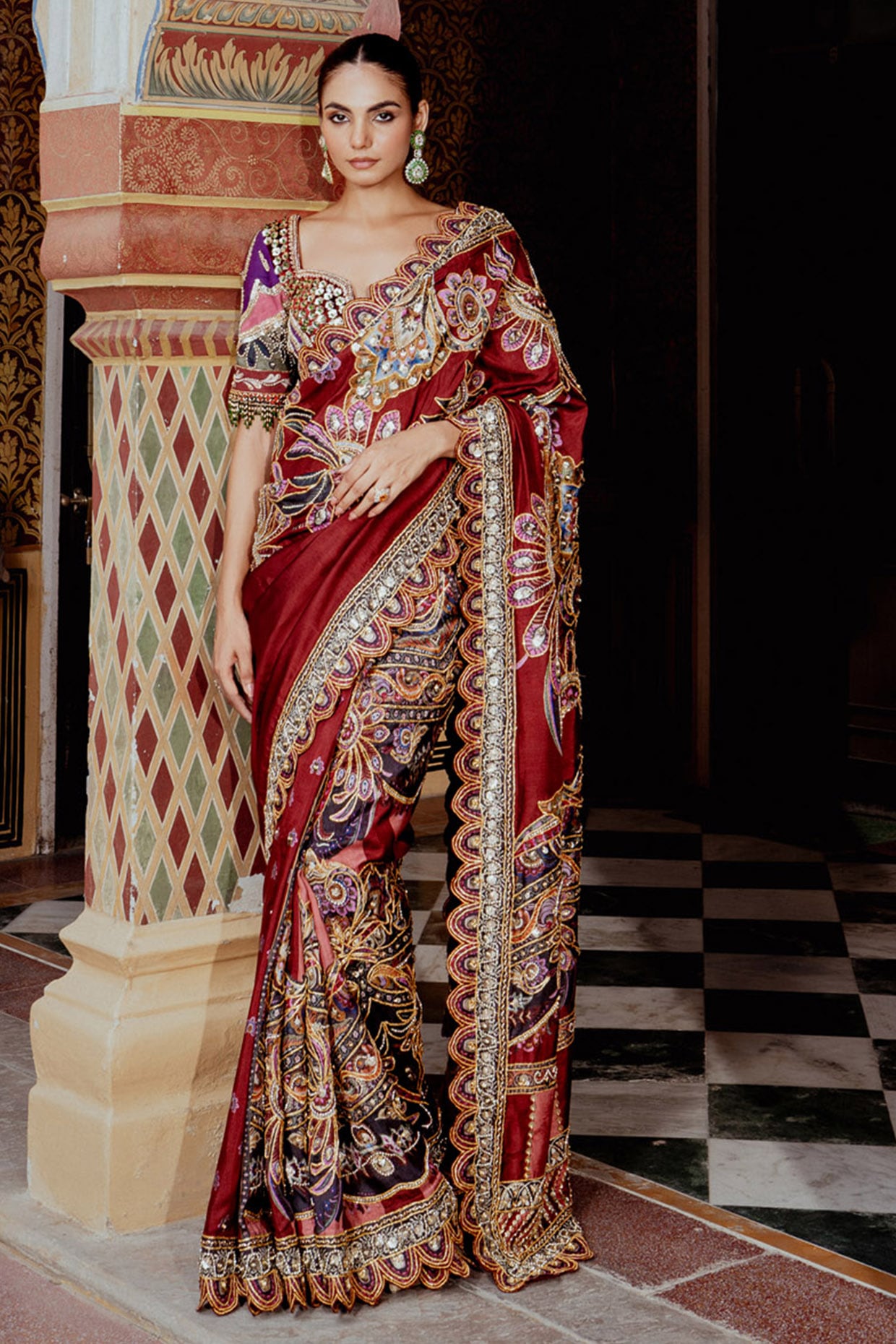 Payal & Zinal Multi-Colored Velvet Sequins Embroidered Saree Set