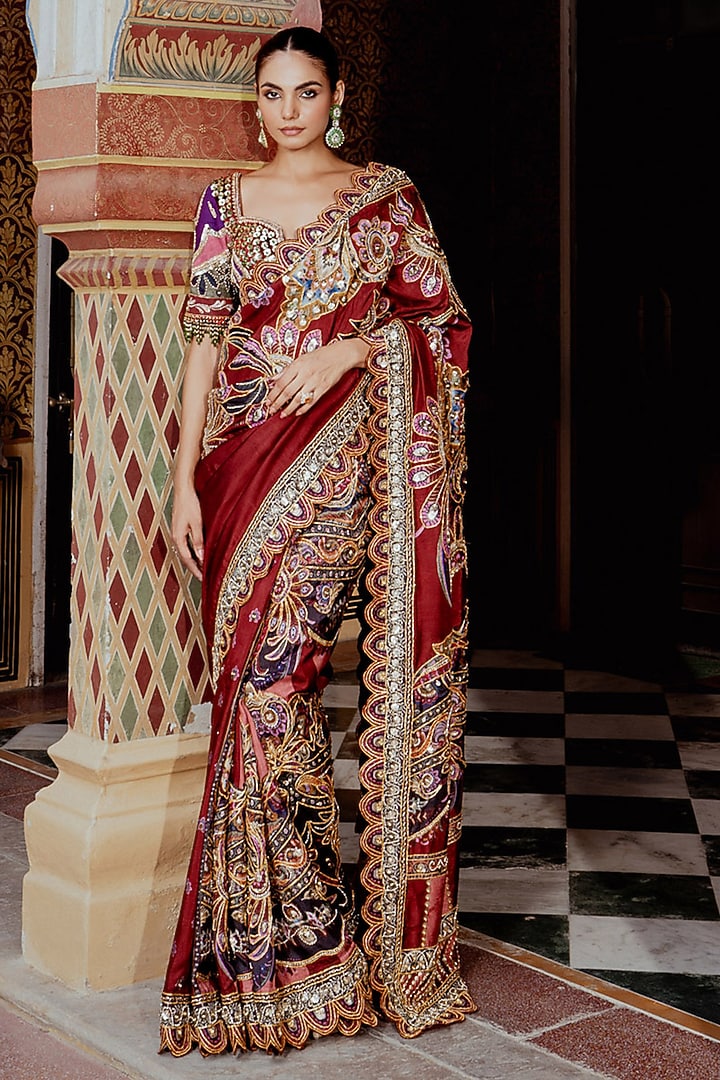 Multi-Colored Velvet Sequins Embroidered Reception Saree Set by Payal & Zinal at Pernia's Pop Up Shop