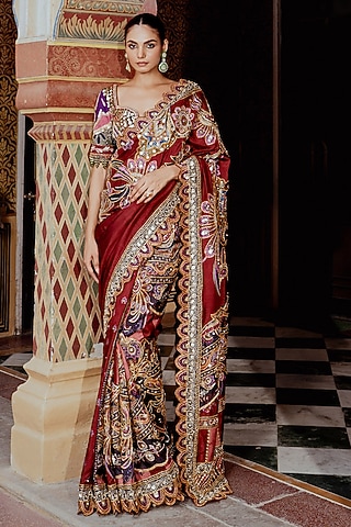 Multi-Colored Velvet Sequins Embroidered Saree Set by Payal & Zinal