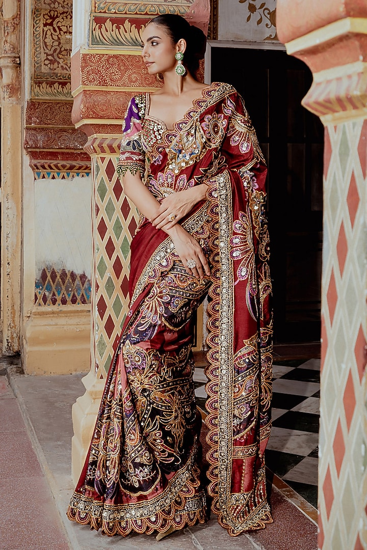 Multi-Colored Velvet Sequins Embroidered Reception Saree Set by Payal & Zinal at Pernia's Pop Up Shop