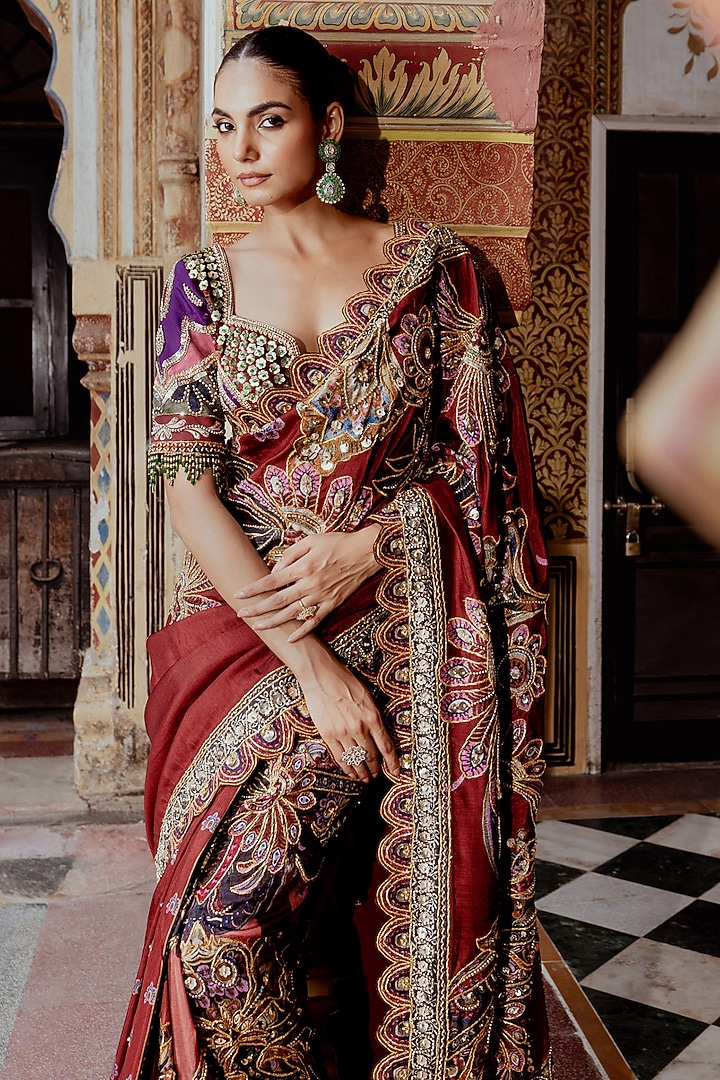 Multi-Colored Velvet Sequins Embroidered Reception Saree Set by Payal & Zinal at Pernia's Pop Up Shop