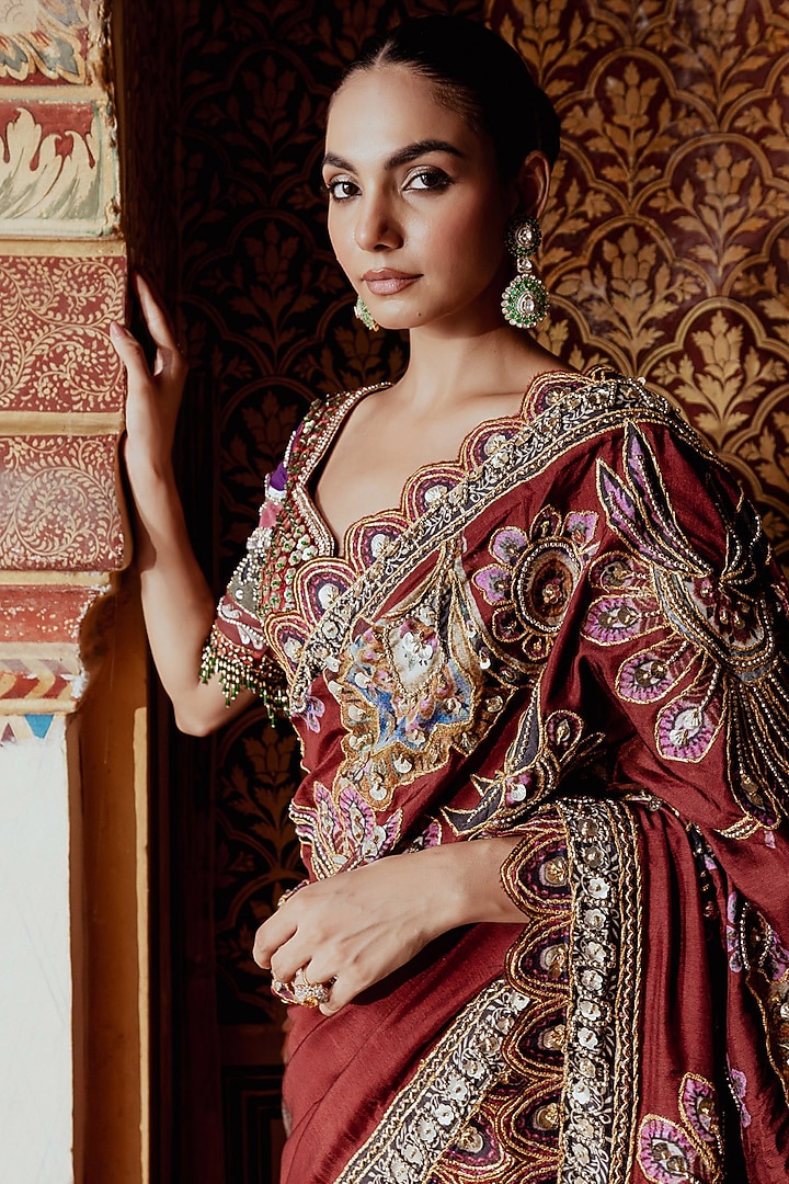 Multi-Colored Velvet Sequins Embroidered Reception Saree Set by Payal & Zinal at Pernia's Pop Up Shop